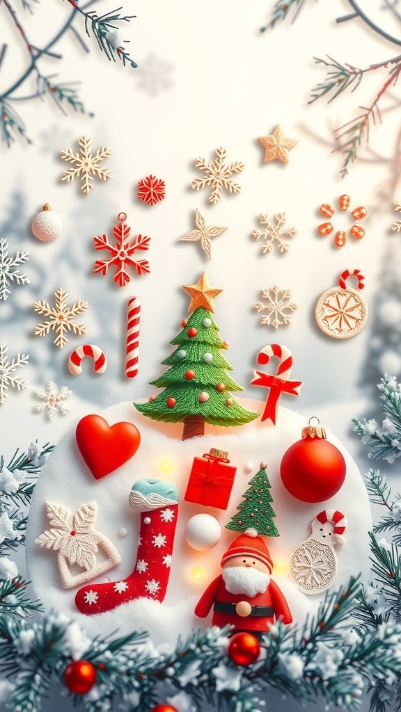A collage of cute Christmas images including snowflakes and trees, set against a winter background.